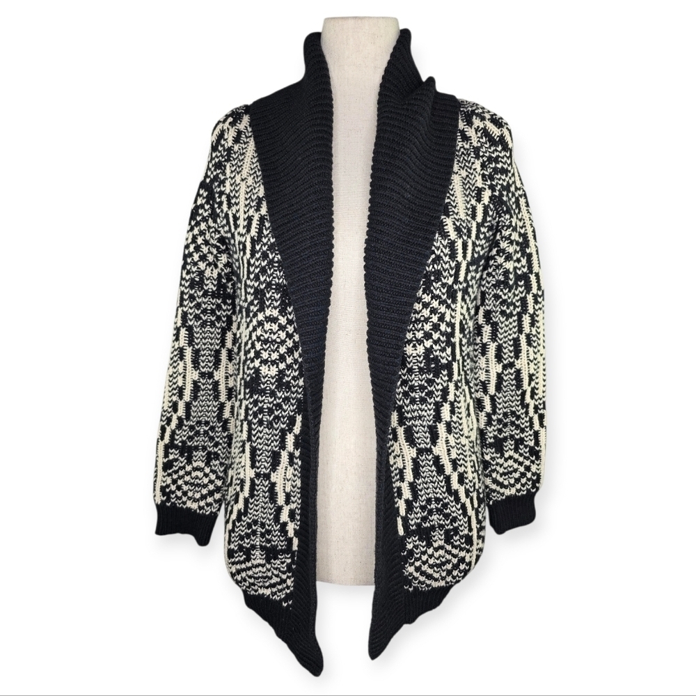 Talbots Black Cream Shawl Collar Knit Cardigan Sweater Open Front Cozy Small
